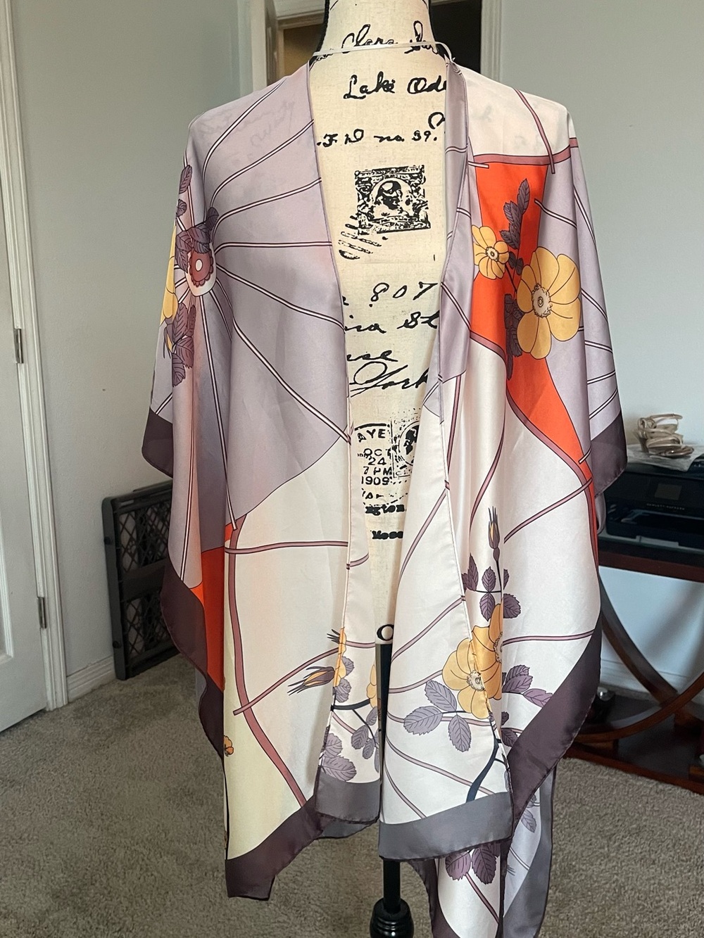 Floral  Kimono Wrap in Lavender, Cream & Orange